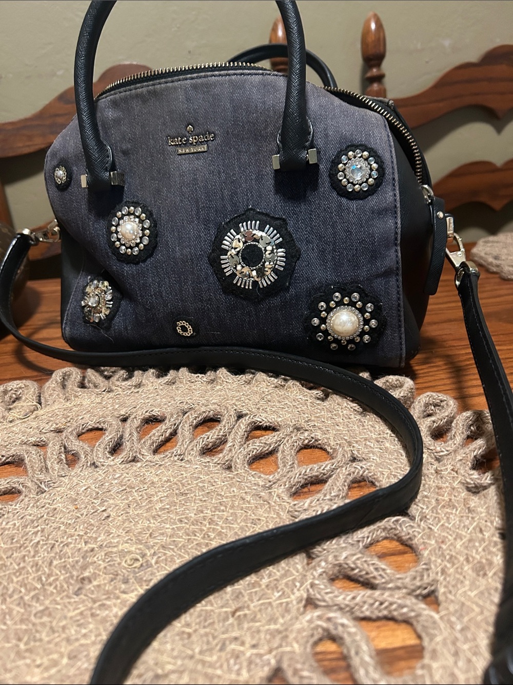 kate spade Black and Jean & leather Jeweled Dome Satchel